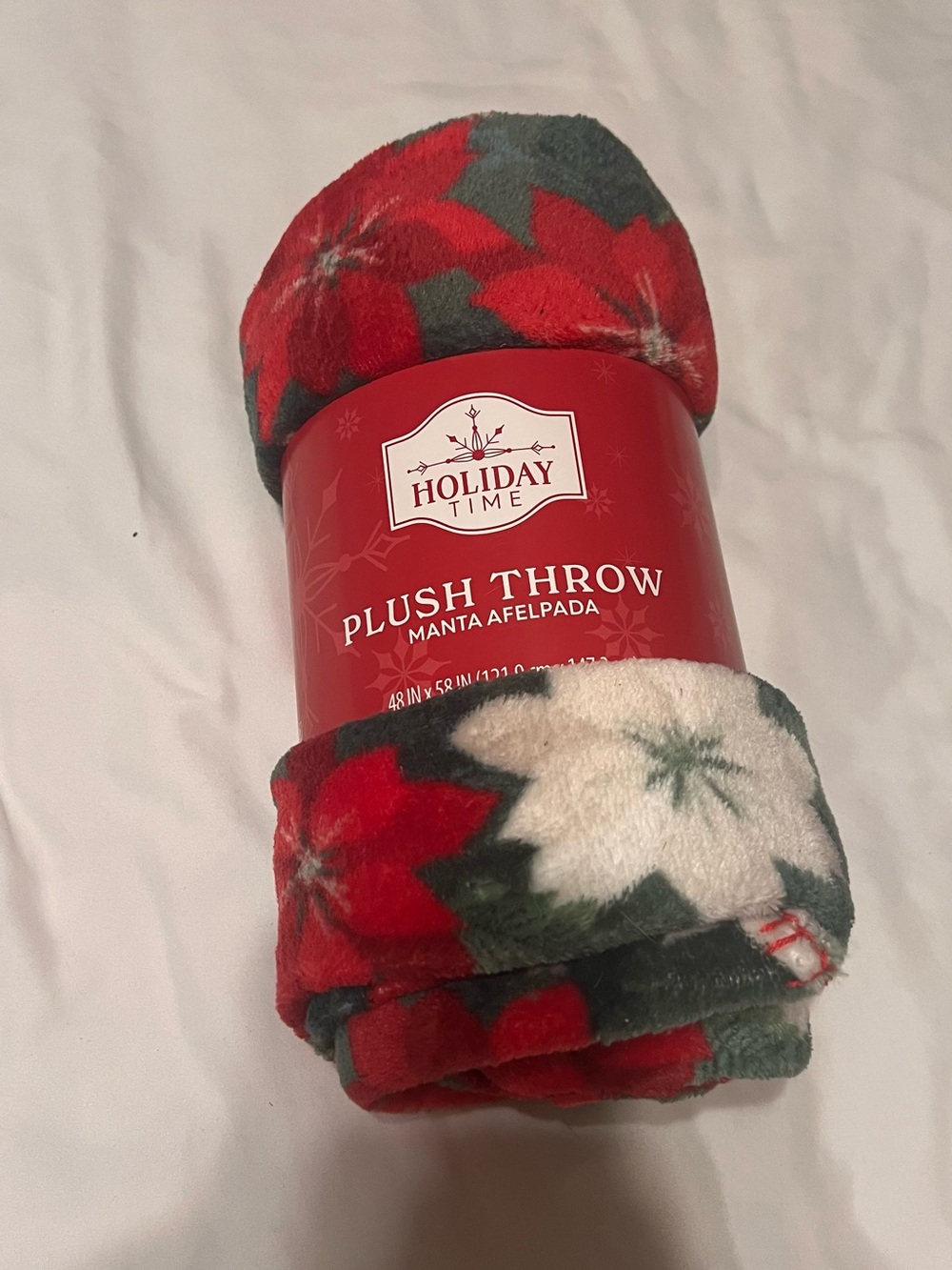 Holiday Time Red, Green & White Poinsettia Plush Throw